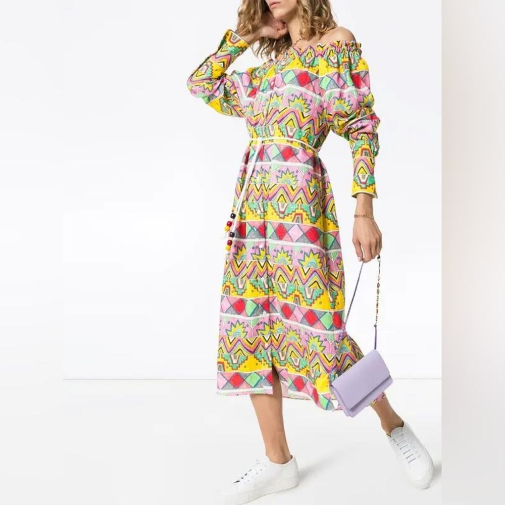 Mira Mikati colorful printed linen midi dress size 6
